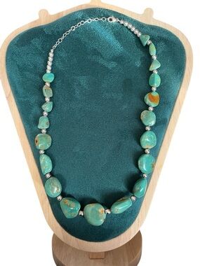 Vtg Genuine Chunky Turquoise Nugget & .925 Sterling Statement Necklace 50g+ twt